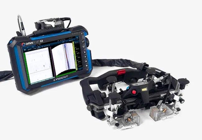 ERW seam welding inspection system for steel pipe welds. The OmniScan flaw detector and AxSEAM scanner offer phased array and TOFD inspection as well as the total focusing method (TFM).